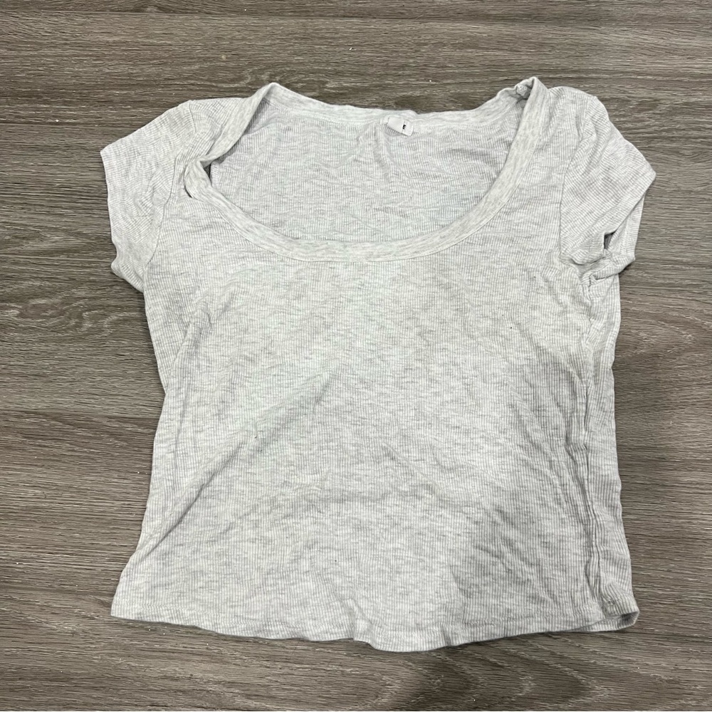 Garage Pamela Scoop Neck Tee Ribbed Short Sleeve Gray L